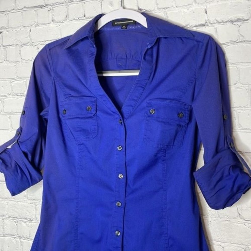 Express Design Studio Size XS Iridescent Blue Purple Fitted Button Career Shirt - Picture 2 of 7